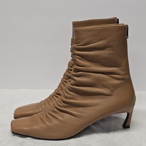 Reike Nen Front Shirring Ankle Boots Smooth Tan Genuine Leather Curved Heel US 9